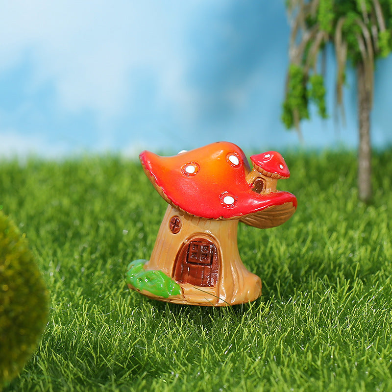 Cottage Core Red and Yellow Creative Mushroom House Resin Crafts Moss Micro Landscape Decorations