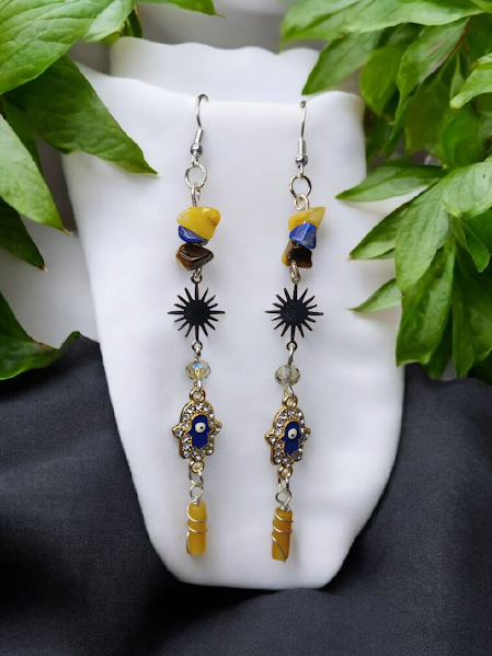 Yellow Aventurine, Lapis Lazuli, and Tigers Eye Sunburst Hamsa Hand Earrings