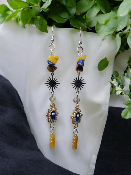 Yellow Aventurine, Lapis Lazuli, and Tigers Eye Sunburst Hamsa Hand Earrings