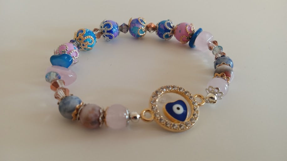 Pink and Blue Stackable Evil Eye Charm Bracelet With Round Heart