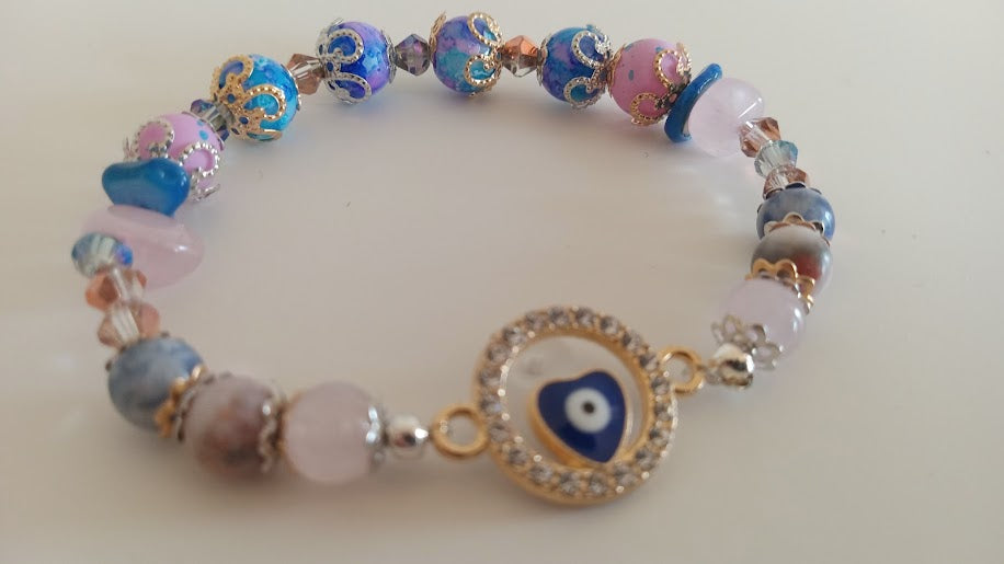Pink and Blue Stackable Evil Eye Charm Bracelet With Round Heart