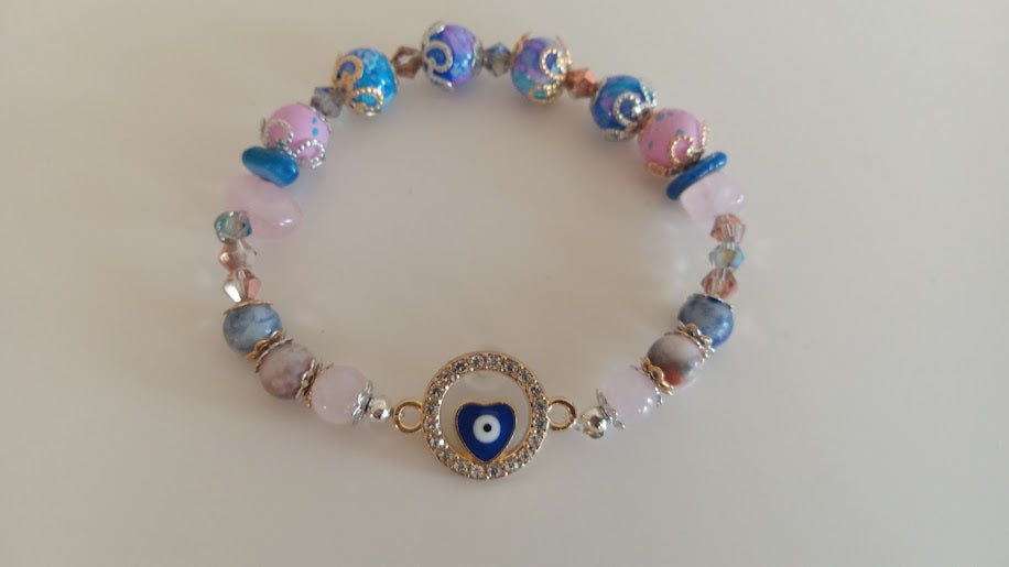 Pink and Blue Stackable Evil Eye Charm Bracelet With Round Heart