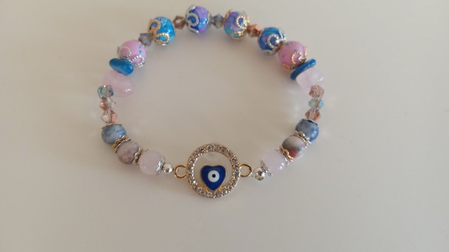 Pink and Blue Stackable Evil Eye Charm Bracelet With Round Heart