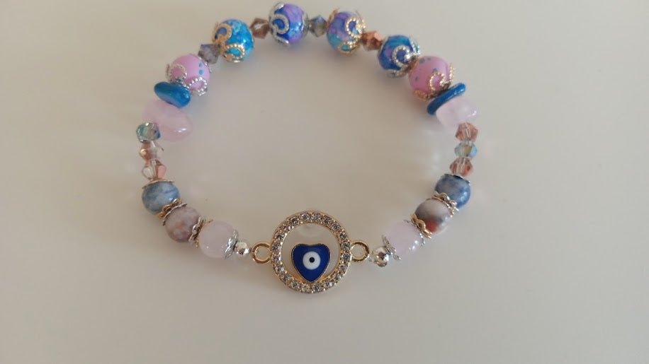 Pink and Blue Stackable Evil Eye Charm Bracelet With Round Heart