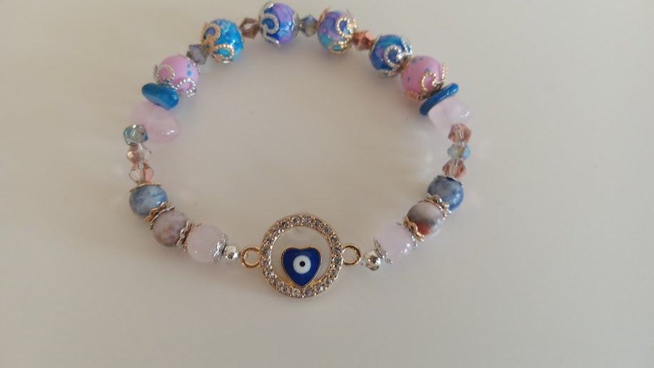 Pink and Blue Stackable Evil Eye Charm Bracelet With Round Heart