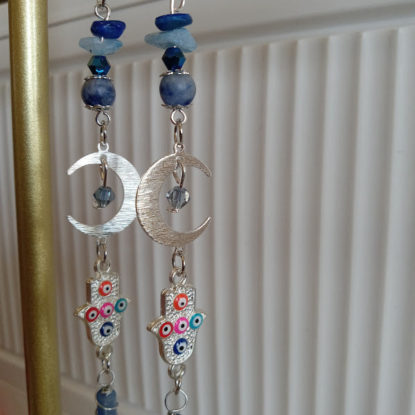 Brass Silver Plated Crescent Moon Earrings With Multicolored Evil Eye Charms