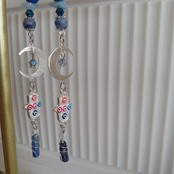Brass Silver Plated Crescent Moon Earrings With Multicolored Evil Eye Charms