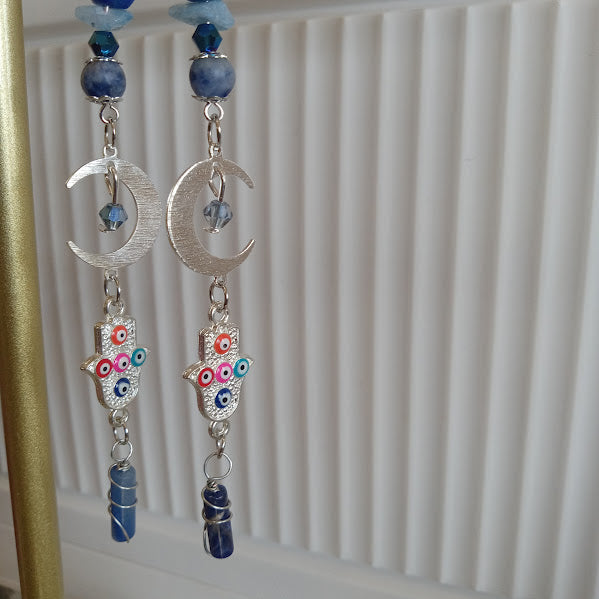 Brass Silver Plated Crescent Moon Earrings With Multicolored Evil Eye Charms