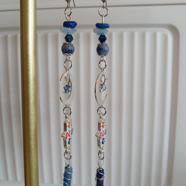 Brass Silver Plated Crescent Moon Earrings With Multicolored Evil Eye Charms