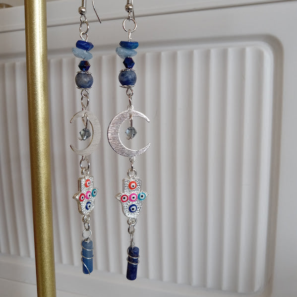 Brass Silver Plated Crescent Moon Earrings With Multicolored Evil Eye Charms