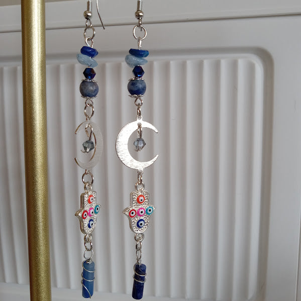 Brass Silver Plated Crescent Moon Earrings With Multicolored Evil Eye Charms