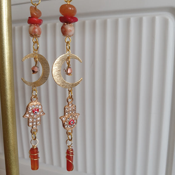 Tarnish Free Gold Plated Moon Earrings With Eye-Catching Rhinestone Hamsa Hand and Evil Eye Charms, Sunstone, Red Agate, Redline Jasper, and Wire Wrapped Carnelian