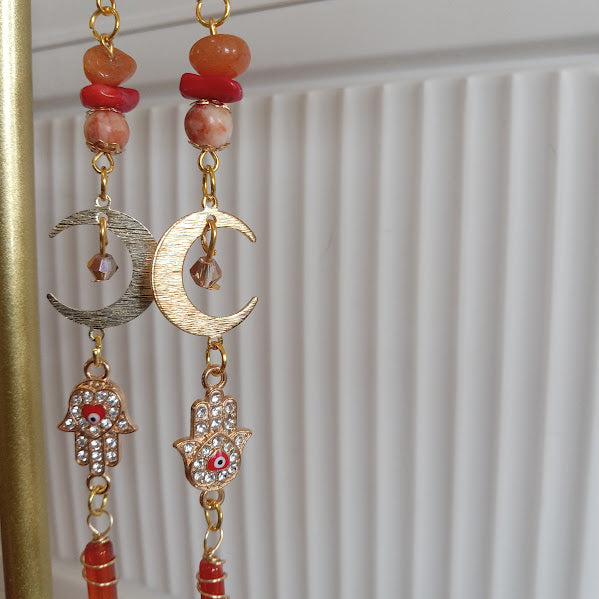 Tarnish Free Gold Plated Moon Earrings With Eye-Catching Rhinestone Hamsa Hand and Evil Eye Charms, Sunstone, Red Agate, Redline Jasper, and Wire Wrapped Carnelian