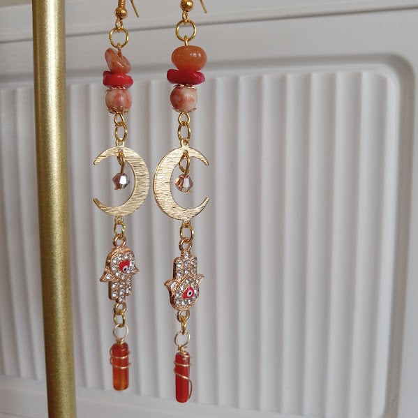Tarnish Free Gold Plated Moon Earrings With Eye-Catching Rhinestone Hamsa Hand and Evil Eye Charms, Sunstone, Red Agate, Redline Jasper, and Wire Wrapped Carnelian