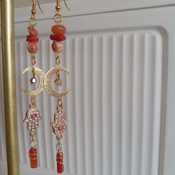 Tarnish Free Gold Plated Moon Earrings With Eye-Catching Rhinestone Hamsa Hand and Evil Eye Charms, Sunstone, Red Agate, Redline Jasper, and Wire Wrapped Carnelian