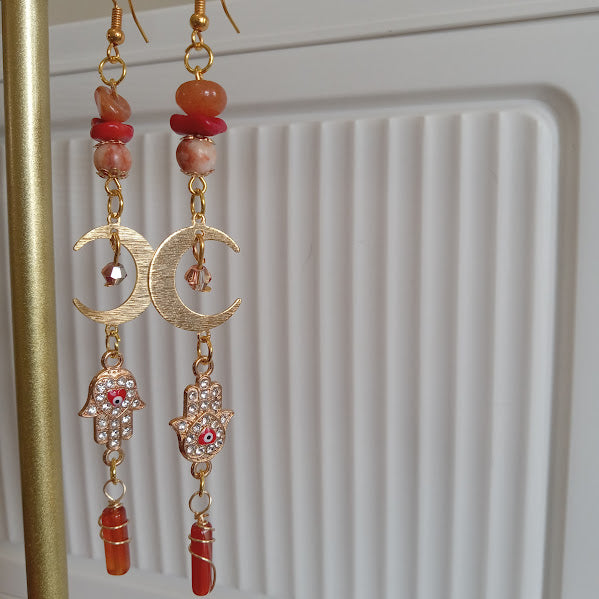 Tarnish Free Gold Plated Moon Earrings With Eye-Catching Rhinestone Hamsa Hand and Evil Eye Charms, Sunstone, Red Agate, Redline Jasper, and Wire Wrapped Carnelian