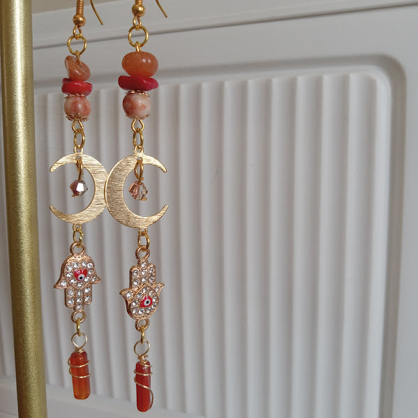 Tarnish Free Gold Plated Moon Earrings With Eye-Catching Rhinestone Hamsa Hand and Evil Eye Charms, Sunstone, Red Agate, Redline Jasper, and Wire Wrapped Carnelian