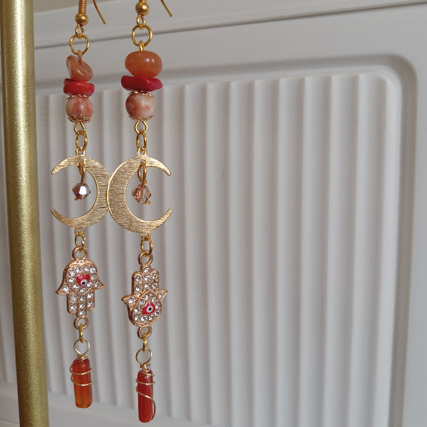 Tarnish Free Gold Plated Moon Earrings With Eye-Catching Rhinestone Hamsa Hand and Evil Eye Charms, Sunstone, Red Agate, Redline Jasper, and Wire Wrapped Carnelian