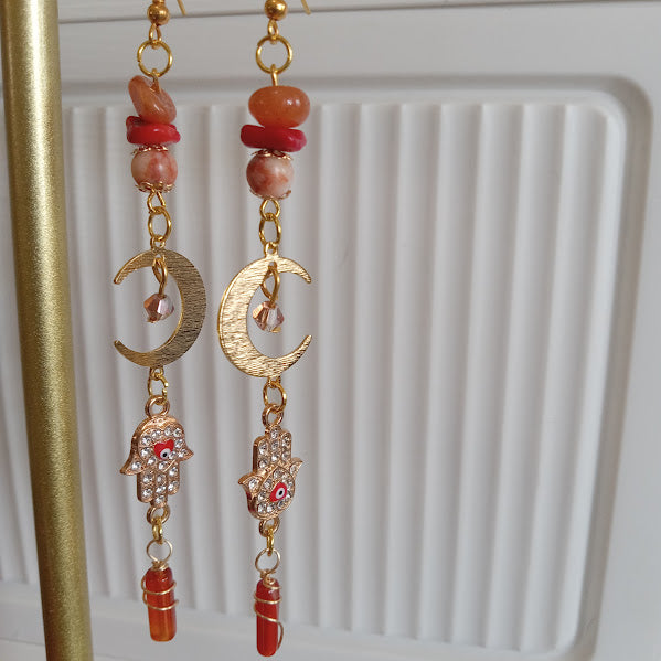 Tarnish Free Gold Plated Moon Earrings With Eye-Catching Rhinestone Hamsa Hand and Evil Eye Charms, Sunstone, Red Agate, Redline Jasper, and Wire Wrapped Carnelian