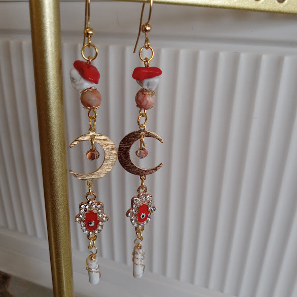 Tarnish Free Gold Plated Moon Earrings With Eye-Catching Rhinestone Hamsa Hand and Evil Eye Charms, Red Agate, Howlite, Redline Jasper, and Wire Wrapped Howlite