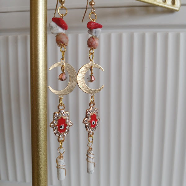 Tarnish Free Gold Plated Moon Earrings With Eye-Catching Rhinestone Hamsa Hand and Evil Eye Charms, Red Agate, Howlite, Redline Jasper, and Wire Wrapped Howlite