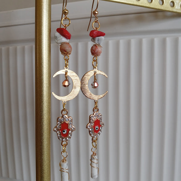Tarnish Free Gold Plated Moon Earrings With Eye-Catching Rhinestone Hamsa Hand and Evil Eye Charms, Red Agate, Howlite, Redline Jasper, and Wire Wrapped Howlite