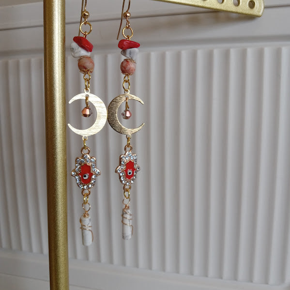 Tarnish Free Gold Plated Moon Earrings With Eye-Catching Rhinestone Hamsa Hand and Evil Eye Charms, Red Agate, Howlite, Redline Jasper, and Wire Wrapped Howlite