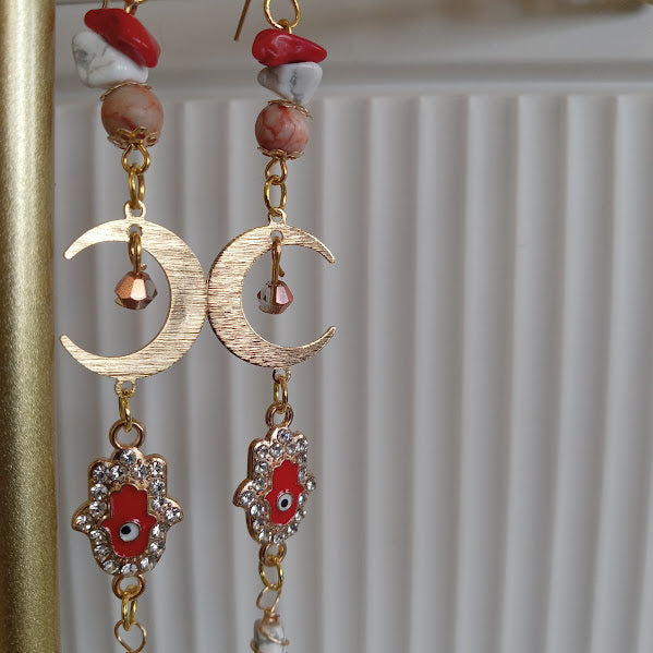 Tarnish Free Gold Plated Moon Earrings With Eye-Catching Rhinestone Hamsa Hand and Evil Eye Charms, Red Agate, Howlite, Redline Jasper, and Wire Wrapped Howlite