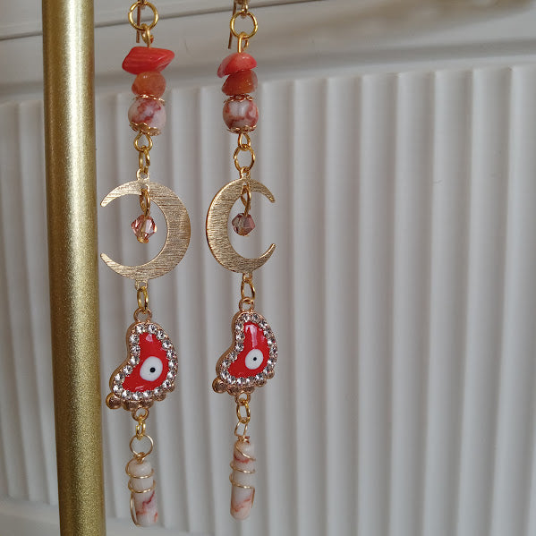 Tarnish Free Gold Plated "Ten Toes Down" Crescent Moon Earrings with Sunstone, Red Agate, and Redline Jasper
