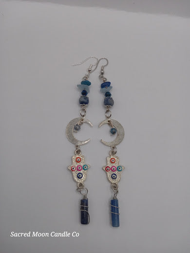 Brass Silver Plated Crescent Moon Earrings With Multicolored Evil Eye Charms