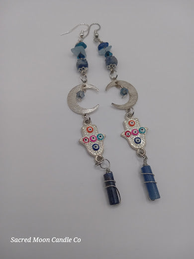 Brass Silver Plated Crescent Moon Earrings With Multicolored Evil Eye Charms