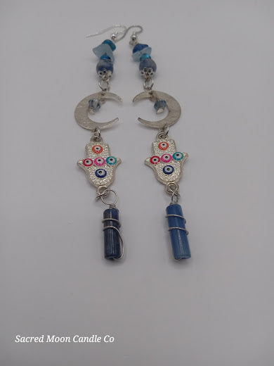 Brass Silver Plated Crescent Moon Earrings With Multicolored Evil Eye Charms