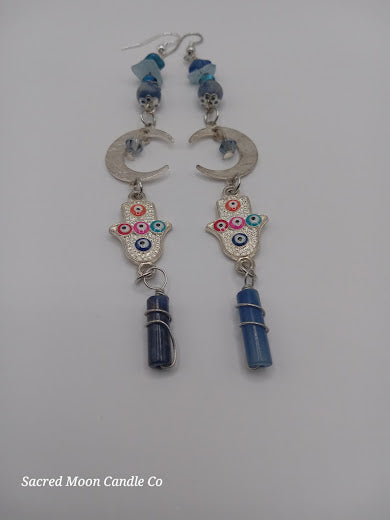 Brass Silver Plated Crescent Moon Earrings With Multicolored Evil Eye Charms