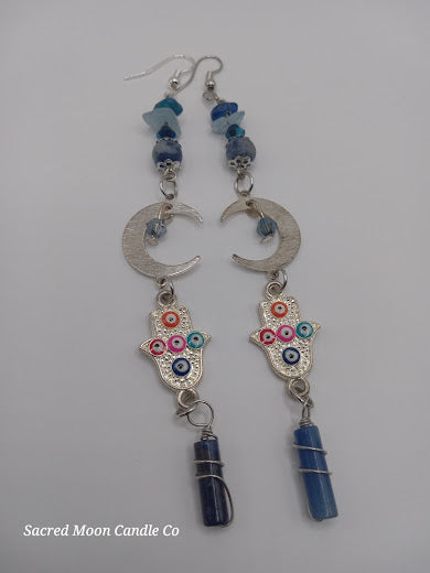 Brass Silver Plated Crescent Moon Earrings With Multicolored Evil Eye Charms
