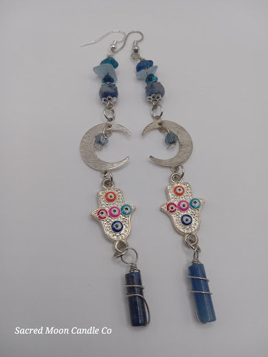 Brass Silver Plated Crescent Moon Earrings With Multicolored Evil Eye Charms