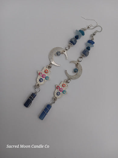 Brass Silver Plated Crescent Moon Earrings With Multicolored Evil Eye Charms