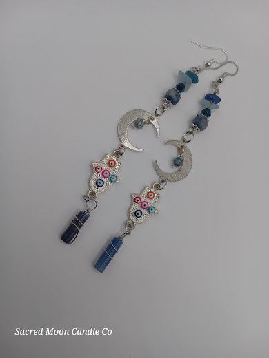Brass Silver Plated Crescent Moon Earrings With Multicolored Evil Eye Charms