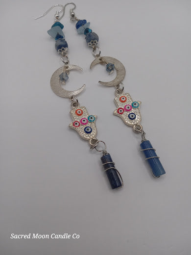 Brass Silver Plated Crescent Moon Earrings With Multicolored Evil Eye Charms