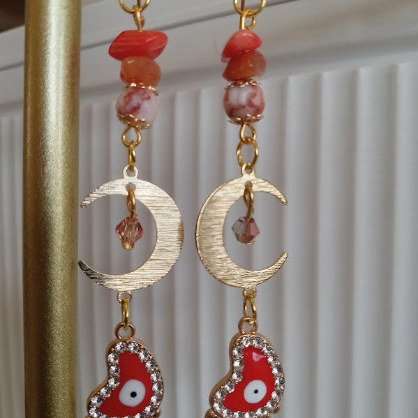 Tarnish Free Gold Plated "Ten Toes Down" Crescent Moon Earrings with Sunstone, Red Agate, and Redline Jasper