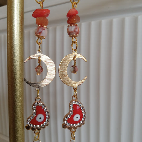 Tarnish Free Gold Plated "Ten Toes Down" Crescent Moon Earrings with Sunstone, Red Agate, and Redline Jasper