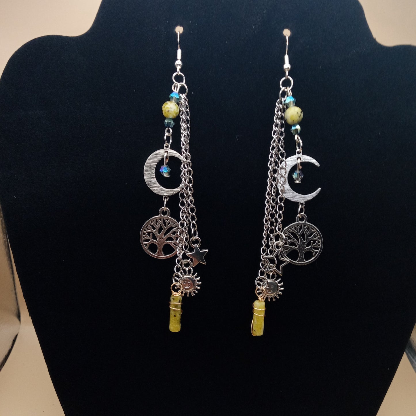 Cycles of Life Crescent Moon and Tree of Life Yellow Turquoise Dangle Earrings