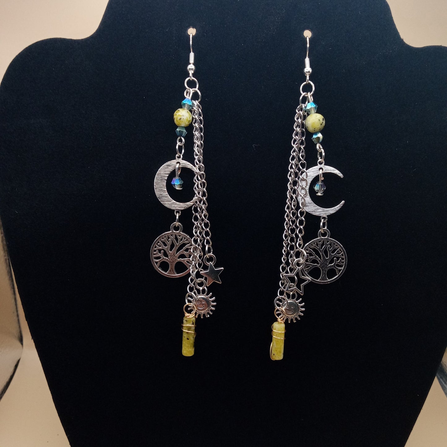 Cycles of Life Crescent Moon and Tree of Life Yellow Turquoise Dangle Earrings