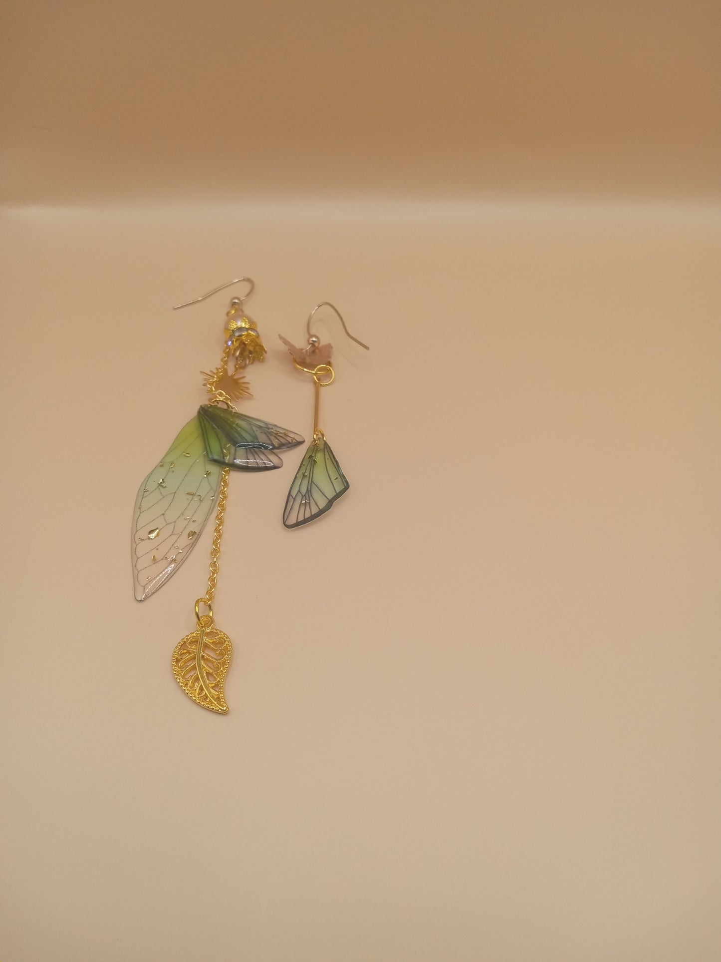 Irregular Green Fairy Wing Dangle Earrings