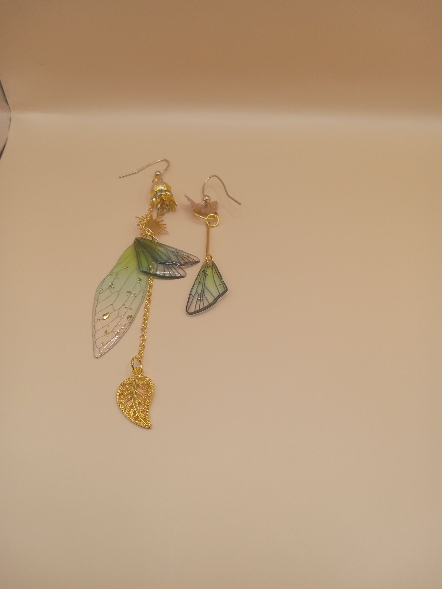 Irregular Green Fairy Wing Dangle Earrings