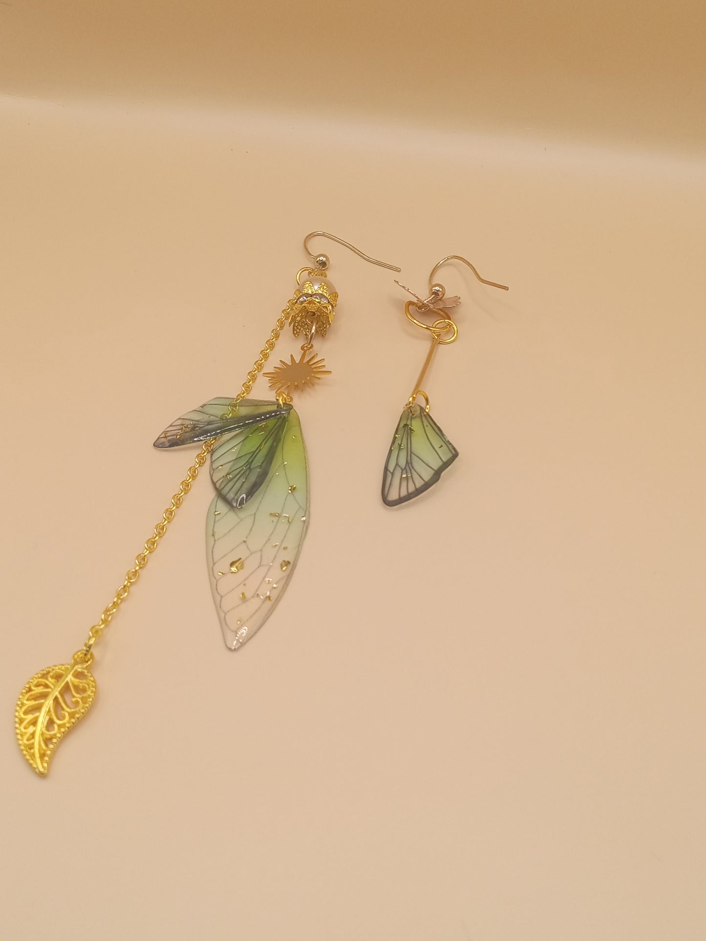 Irregular Green Fairy Wing Dangle Earrings