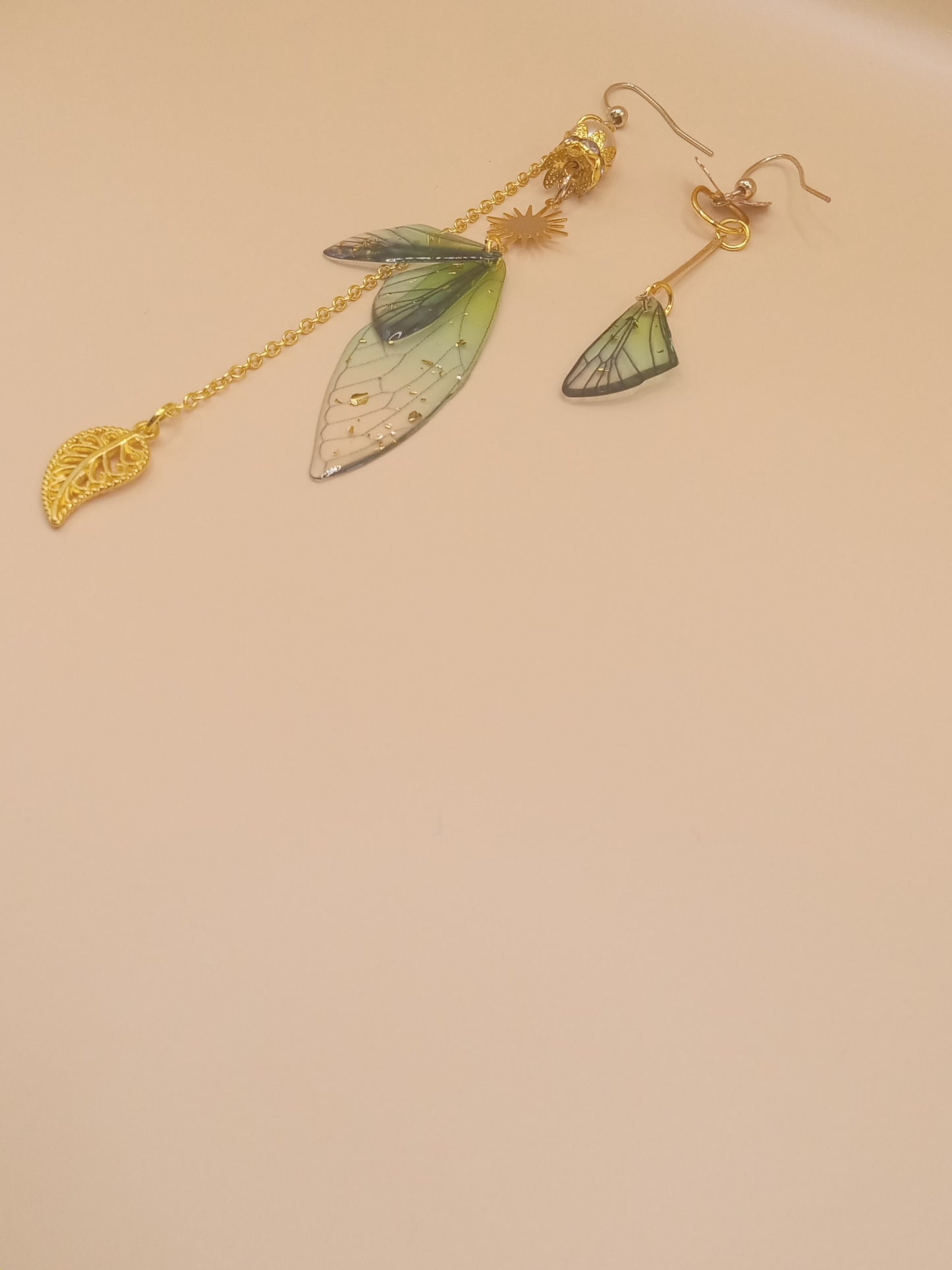 Irregular Green Fairy Wing Dangle Earrings