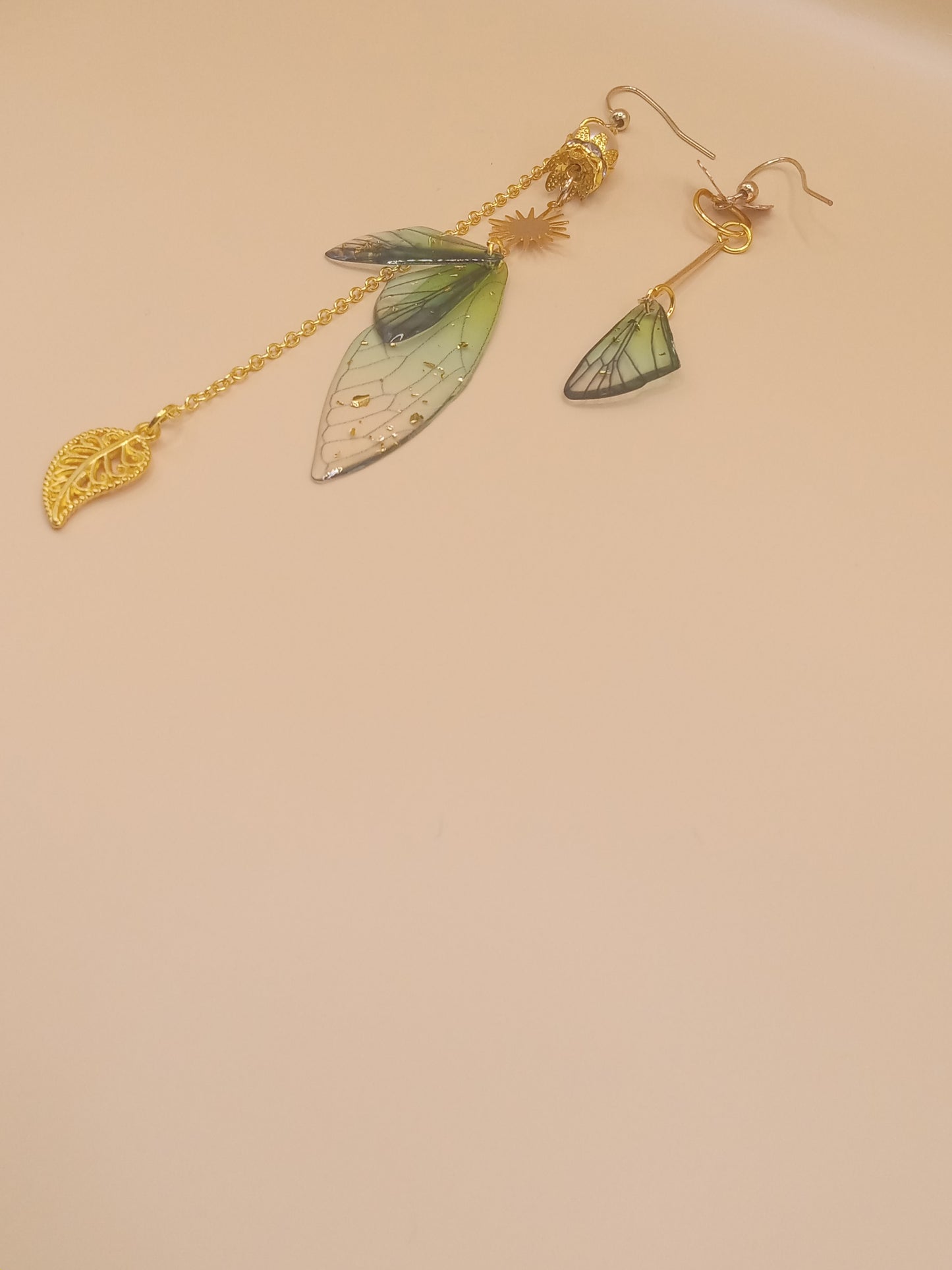 Irregular Green Fairy Wing Dangle Earrings