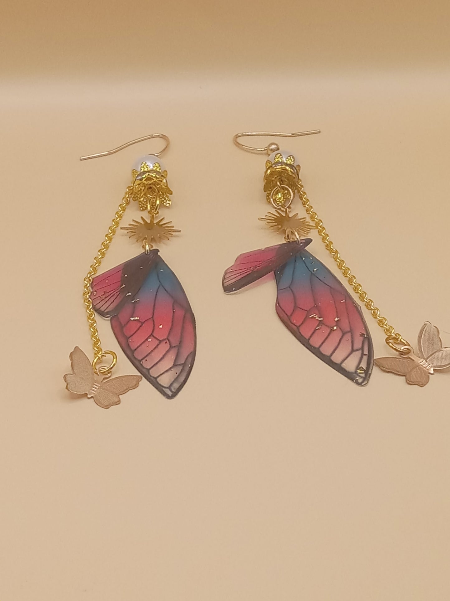 Blue and Magenta Fairy Wing Dangle Earrings