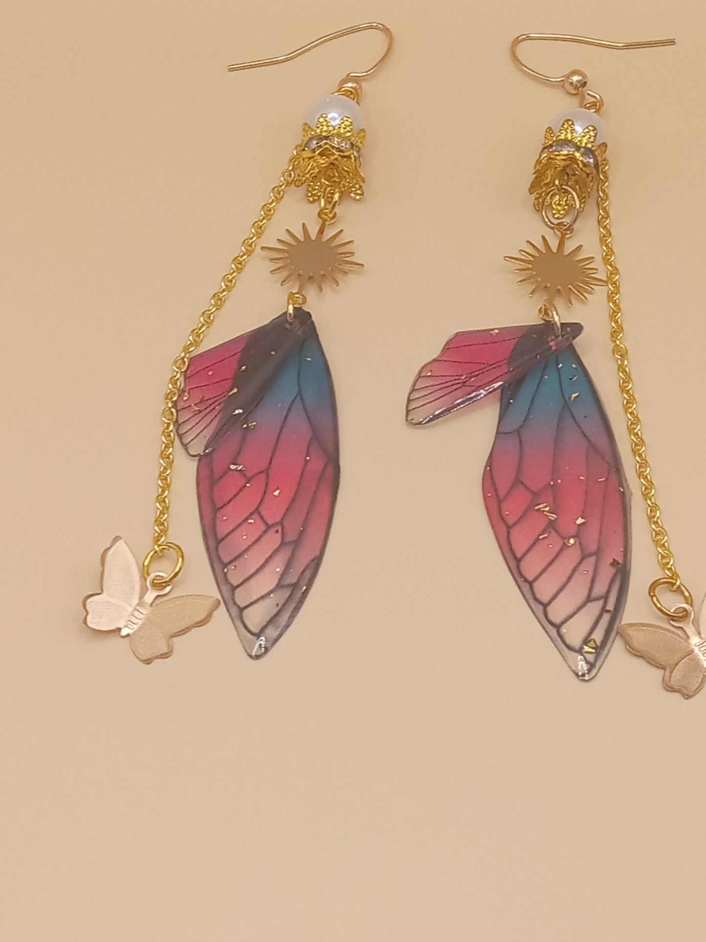 Irregular Blue and Magenta Fairy Wing Earrings