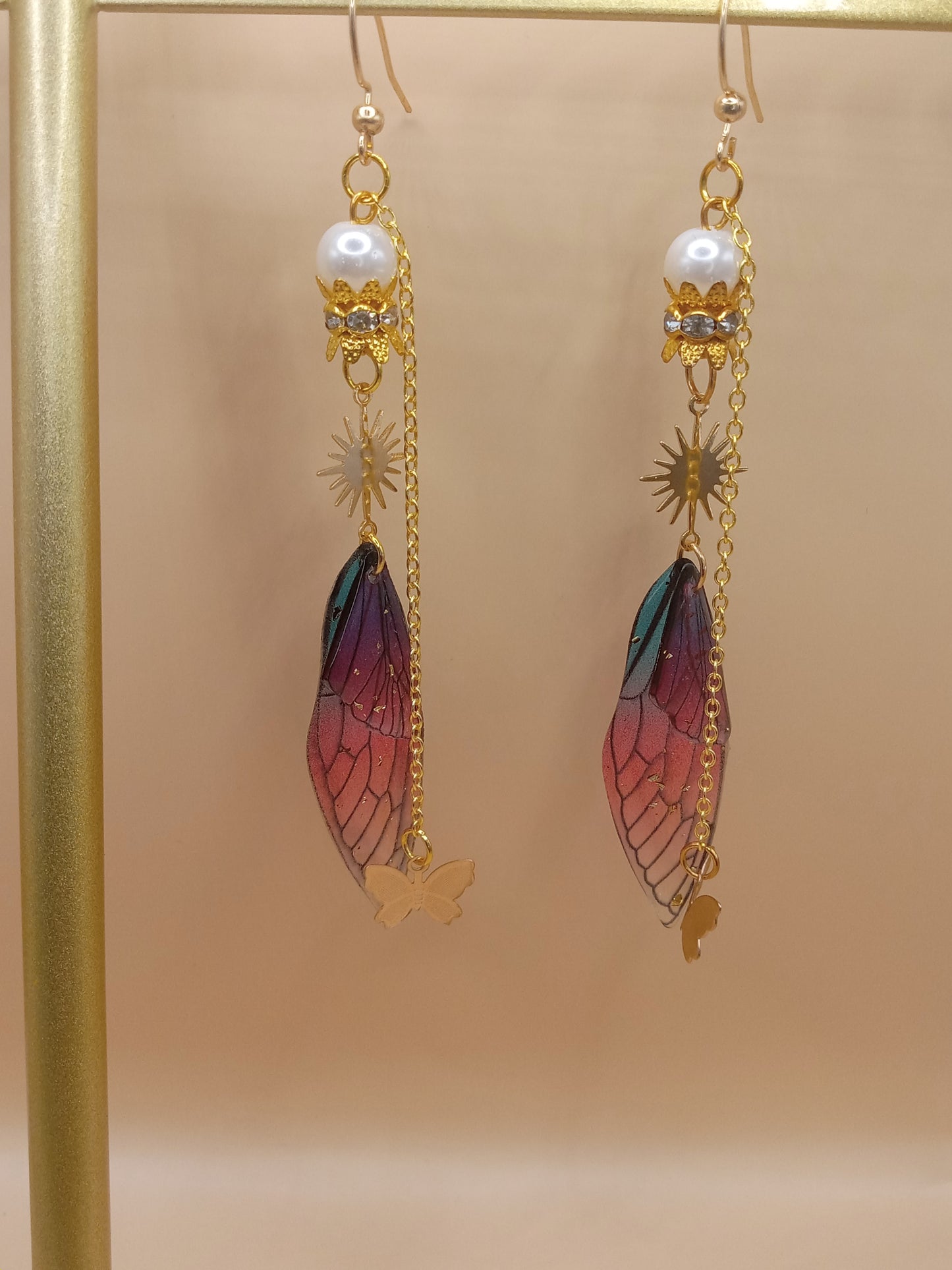 Blue and Magenta Fairy Wing Dangle Earrings